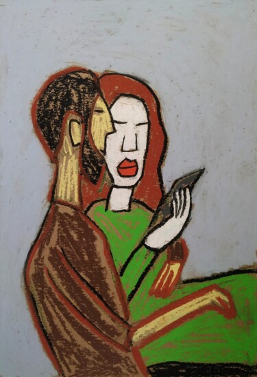 Zeichnungen mit dem Titel "Couple at the cafe" von Anna Zhuleva, Original-Kunstwerk, Pastell