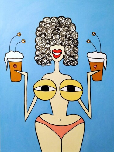 Painting titled "My tits love beer" by Anna Zhuleva, Original Artwork, Acrylic