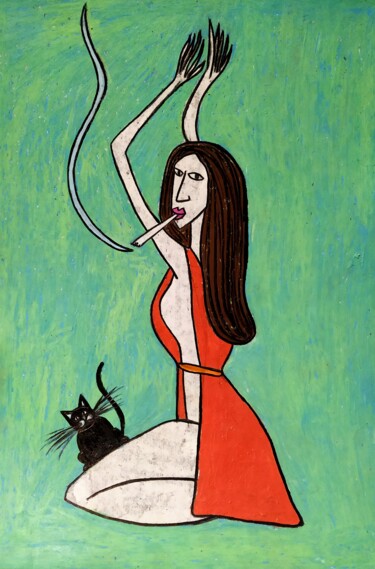 Dessin intitulée "Lady with cat" par Anna Zhuleva, Œuvre d'art originale, Pastel