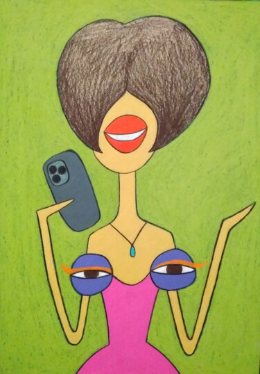Disegno intitolato "My tits love selfies" da Anna Zhuleva, Opera d'arte originale, Pastello