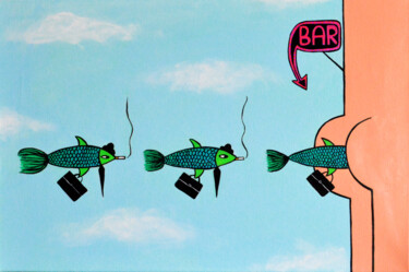 Malerei mit dem Titel "Fish fly to the bar" von Anna Zhuleva, Original-Kunstwerk, Acryl Auf Keilrahmen aus Holz montiert