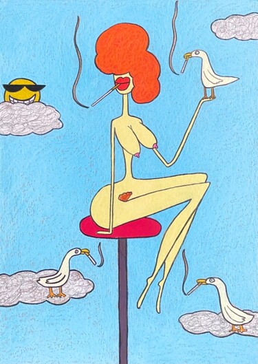 Desenho intitulada "Lady with seagulls" por Anna Zhuleva, Obras de arte originais, Pastel