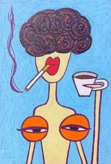 Tekening getiteld "My tits love coffee…" door Anna Zhuleva, Origineel Kunstwerk, Pastel