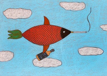 Цифровое искусство под названием "Fish with whiskey i…" - Анна Жулева, Подлинное произведение искусства, Цифровой коллаж