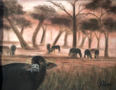 Картина под названием "Cape buffalos" - Anna Isaac, Подлинное произведение искусства, Пастель