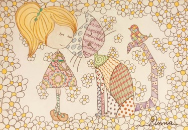 Disegno intitolato "Amore e gatto" da Anna, Opera d'arte originale, Matite colorate