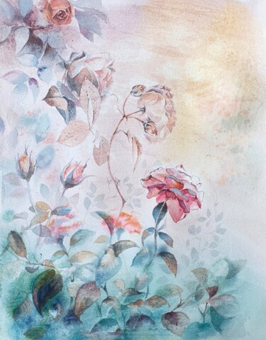 Картина под названием "Garden of roses" - Anna Babysheva, Подлинное произведение искусства, Акварель