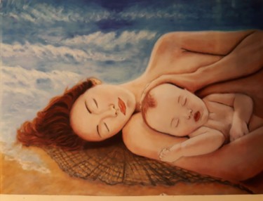 Painting titled "Mermaid motherhood" by Anna Maglioccola, Original Artwork, Pastel Mounted on Wood Panel