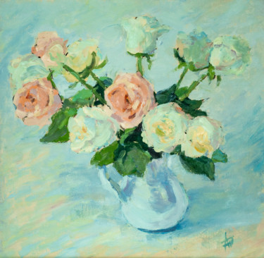 Painting titled "Tea roses/ Чайные р…" by Anna Dolganova, Original Artwork, Oil