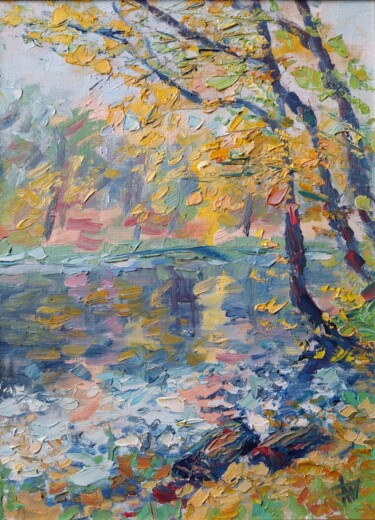 Painting titled "Осеннее озеро" by Anna Dolganova, Original Artwork, Oil