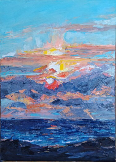 Картина под названием "Три солнца на рассв…" - Anna Dolganova, Подлинное произведение искусства, Масло Установлен на Деревян…