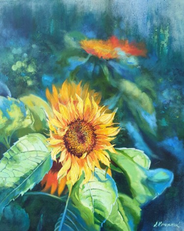 Painting titled "Sunflowers" by Anna Kotelnik, Original Artwork, Oil Mounted on Cardboard