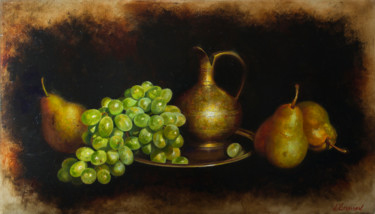 Painting titled "Still life with gre…" by Anna Kotelnik, Original Artwork, Oil Mounted on Wood Stretcher frame