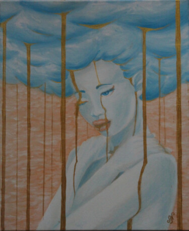 Painting titled "My rain" by Anna N, Original Artwork, Oil Mounted on Wood Stretcher frame