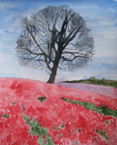 Painting titled "Champ de tulipes" by Annie Jolivet-Vilbois, Original Artwork, Watercolor