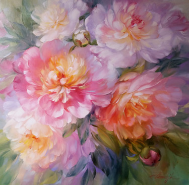 Painting titled "Pink peony" by Anna Khomchyk, Original Artwork, Oil