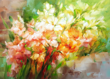 Painting titled "Gladiolus blooms" by Anna Khomchyk, Original Artwork, Oil
