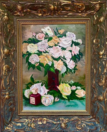 Painting titled "Розы и парфюм" by Anna Kiptenko, Original Artwork, Oil Mounted on Cardboard