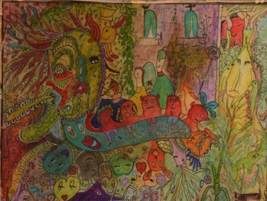 绘画 标题为“Janus et sa clique” 由Laura Vassiliu, 原创艺术品, 水彩 安装在木质担架架上
