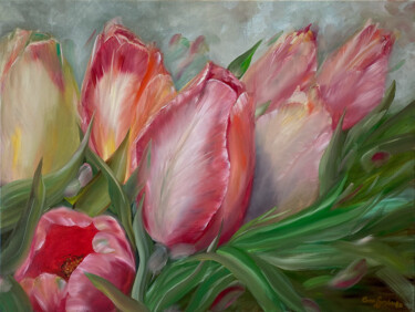 Картина под названием "Tulips Painting, Fl…" - Anna Lyashenko, Подлинное произведение искусства, Масло