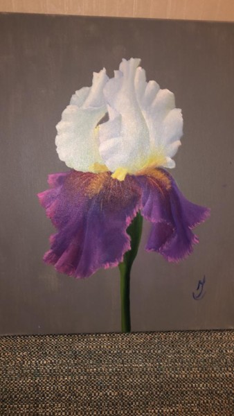 Картина под названием "Белый пурпур Ирис" - Irina Surgunte, Подлинное произведение искусства, Масло Установлен на Деревянная…