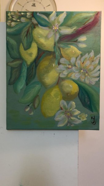 Painting titled "Цветущий сад с лимо…" by Irina Surgunte, Original Artwork, Oil Mounted on Wood Stretcher frame
