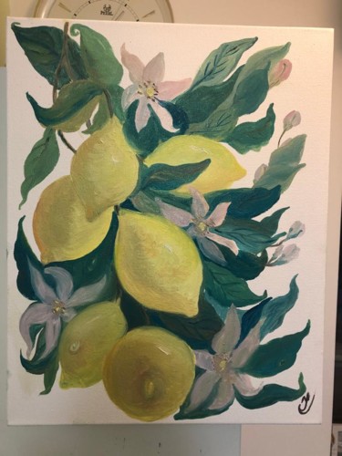 Painting titled "Лимоны в цвету" by Irina Surgunte, Original Artwork, Oil Mounted on Wood Stretcher frame