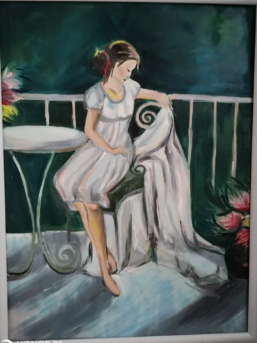 Painting titled "Девушка на террасе" by Anna Polianskaia, Original Artwork, Oil