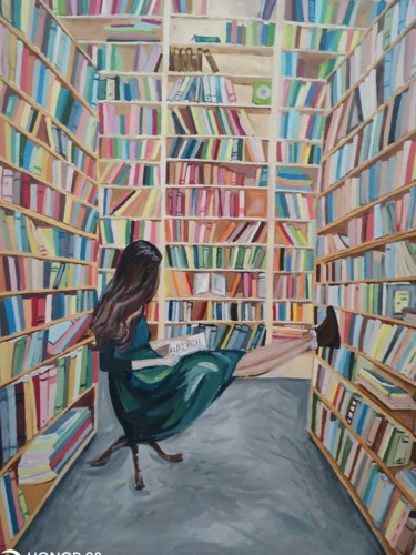 Painting titled "Girl in the library" by Anna Polianskaia, Original Artwork, Oil