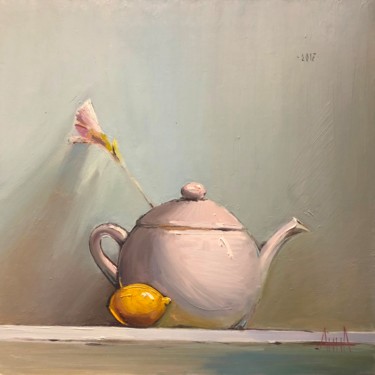 Painting titled "Kettle and lemon" by Hanna Taranishyna, Original Artwork, Oil