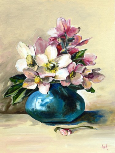 Pintura intitulada "Flowers in turquois…" por Hanna Taranishyna, Obras de arte originais, Óleo