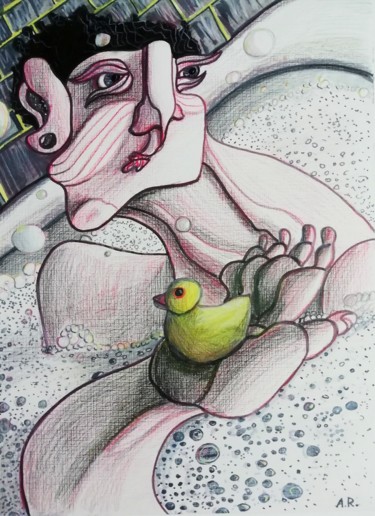 Dessin intitulée "A bath time" par Anna Reshetnikova, Œuvre d'art originale, Crayon