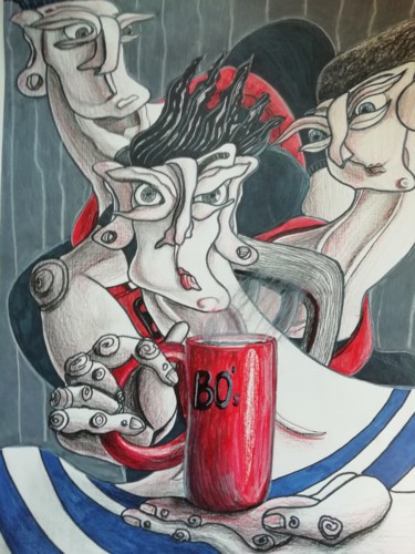 Disegno intitolato "Triple espresso at…" da Anna Reshetnikova, Opera d'arte originale, Matita