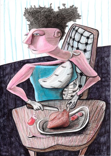 Drawing titled "Meatlover" by Anna Reshetnikova, Original Artwork, Pencil