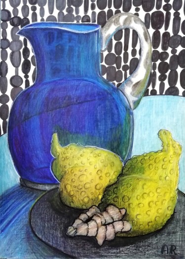 Рисунок под названием "Blue jug, lemons an…" - Anna Reshetnikova, Подлинное произведение искусства, Маркер