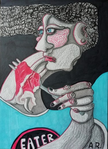 Disegno intitolato "Meat." da Anna Reshetnikova, Opera d'arte originale, Pennarello