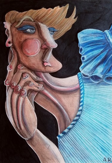 Dessin intitulée "Lady in blue dress" par Anna Reshetnikova, Œuvre d'art originale, Aquarelle