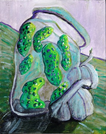 Painting titled "Cucumbers and garlic" by Anna Reshetnikova, Original Artwork, Acrylic