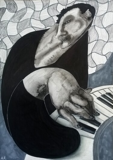 Dessin intitulée "The pianist" par Anna Reshetnikova, Œuvre d'art originale, Encre