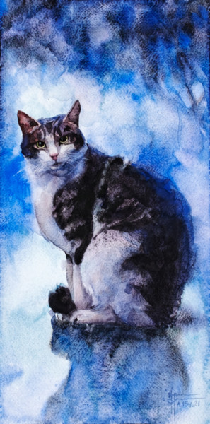Painting titled ""Blue Hour Cat" - G…" by Anna Ivanova, Original Artwork, Watercolor