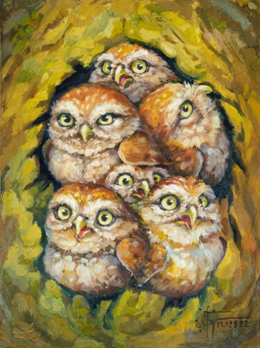 Painting titled ""Owlets" - Original…" by Anna Ivanova, Original Artwork, Oil