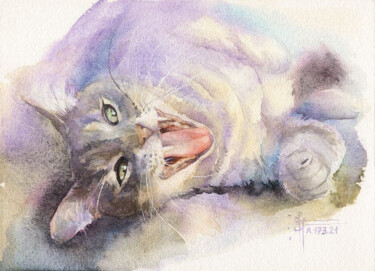Malarstwo zatytułowany „"Yawning Cat" - Ori…” autorstwa Anna Ivanova, Oryginalna praca, Akwarela
