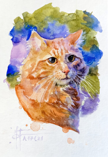 Painting titled ""Red Cat" - Origina…" by Anna Ivanova, Original Artwork, Watercolor