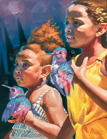 Pittura intitolato ""Hummingbird Sister…" da Anna Ivanova, Opera d'arte originale, Olio