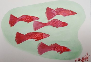 Painting titled "Red happy fish" by Anna Gogoleva, Original Artwork, Watercolor