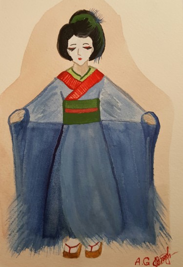 Painting titled "Geisha" by Anna Gogoleva, Original Artwork, Watercolor