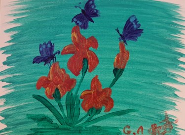 Картина под названием "Flower with blue" - Anna Gogoleva, Подлинное произведение искусства, Акрил