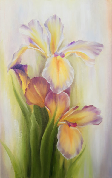 Painting titled "Sunny irises" by Anna Steshenko, Original Artwork, Oil