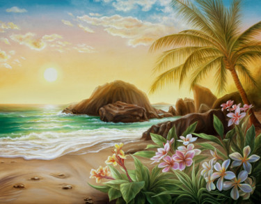 Painting titled "Evening in paradise" by Anna Steshenko, Original Artwork, Oil