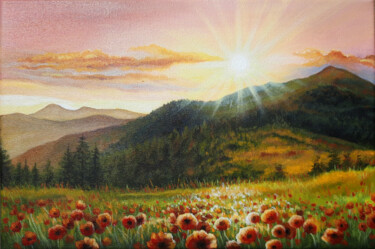 Painting titled "Field of poppies" by Anna Steshenko, Original Artwork, Oil Mounted on artwork_cat.